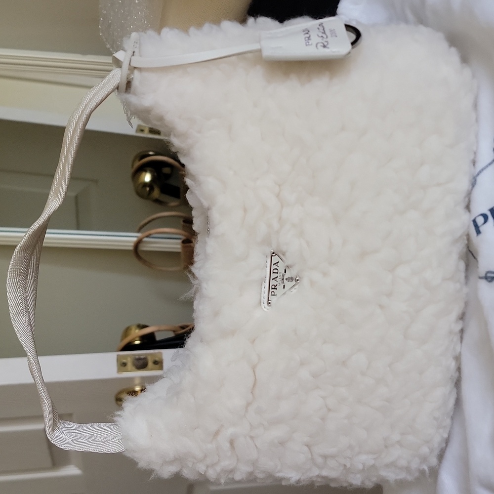Prada White Shearling Shoulder Bag The Reissue 2000